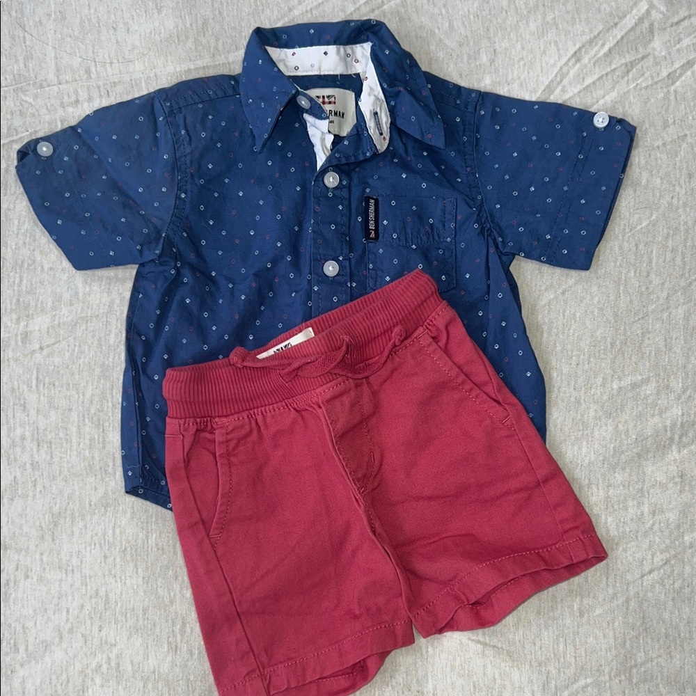 Ben Sherman Navy Blue Dot Button Shirt with Red Shorts Americana set
